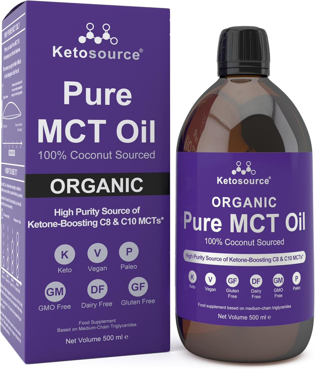 Organic Pure MCT Oil 500ml glass bottle with box