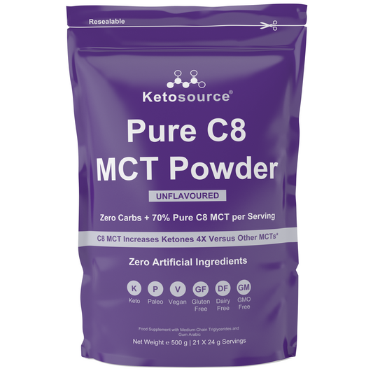 علبة تحتوي على 10 × مسحوق Ketosource Pure C8 MCT (500 جم بدون نكهة)